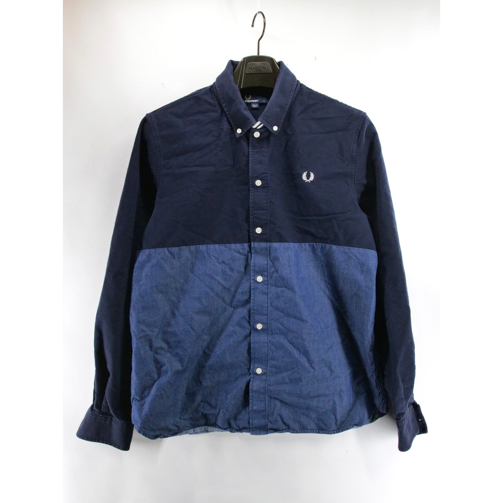 Fred Perry Shirt Mens Large Blue Color Block Panel Button Up Cotton Long Sleeve